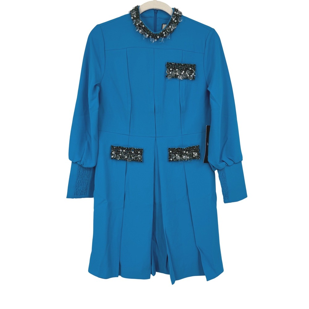 Tuckernuck Hoyt Dress Small Bright Blue Embellished Pleated Mini Wedding Guest